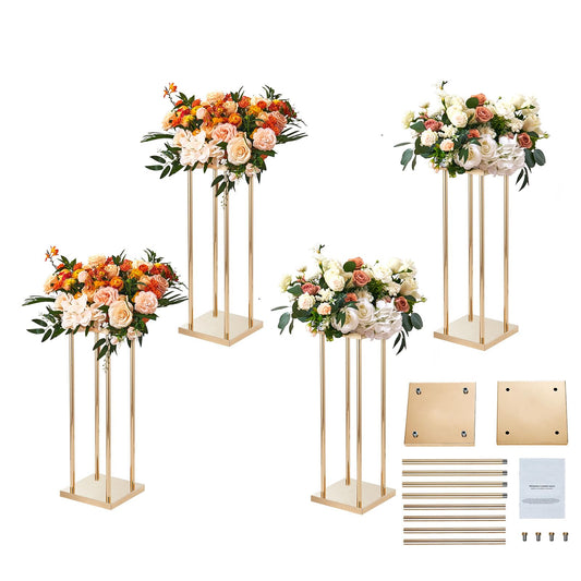 Happybuy 4PCS Gold Metal Column Wedding Flower Stand, 23.6-inch High with Metal Laminate, Cylindrical Vase Geometric Centerpiece Display Stands for Event, Reception & Party Decoration