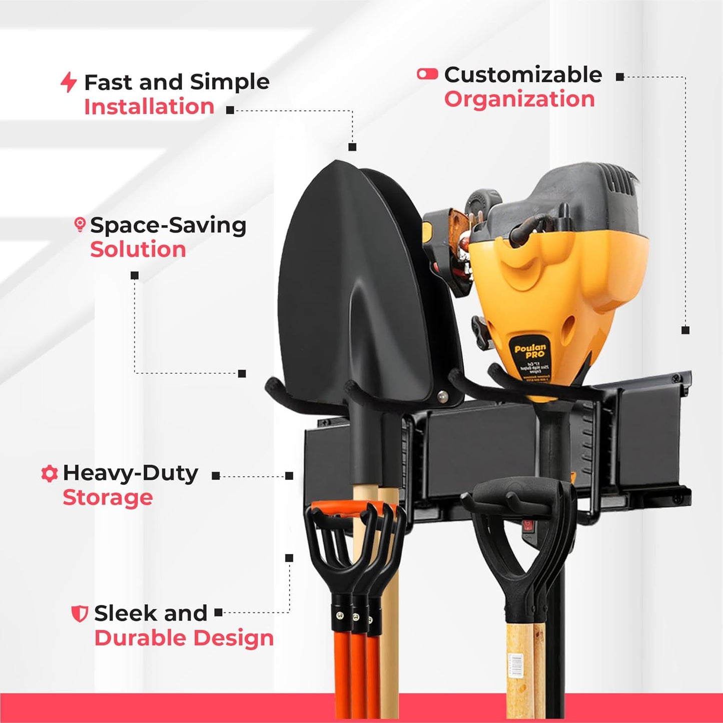 TIDYME Garage Wall Organizer - 64" Heavy-Duty Tool Storage Rack with Adjustable Hooks | 400 lbs Capacity