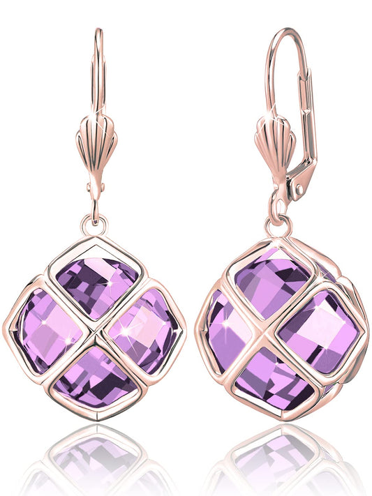 Big Light Purple Crystal Dangle Earrings for Women (Jun-Lavender-Rose Gold)