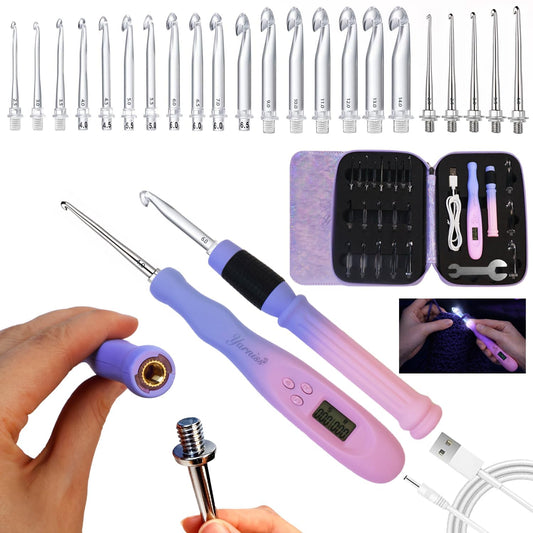 Yarniss 22 in 1 Lighted Counting Crochet Hook Set with Spiral Handle 2.0~14.0mm,Rechargeable Light Up Crochet Hook with Stitch Counter & Case,Gradiant Purple