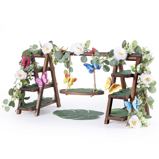 Wooden 3 Tier Cupcake Stand with Flower Vine, Palm Leaves & Decorative Butterflies, Cupcake Holder for Tea Party Supplies, Serving Trays for Party Perfect for Dessert Cups and charcuterie Cups