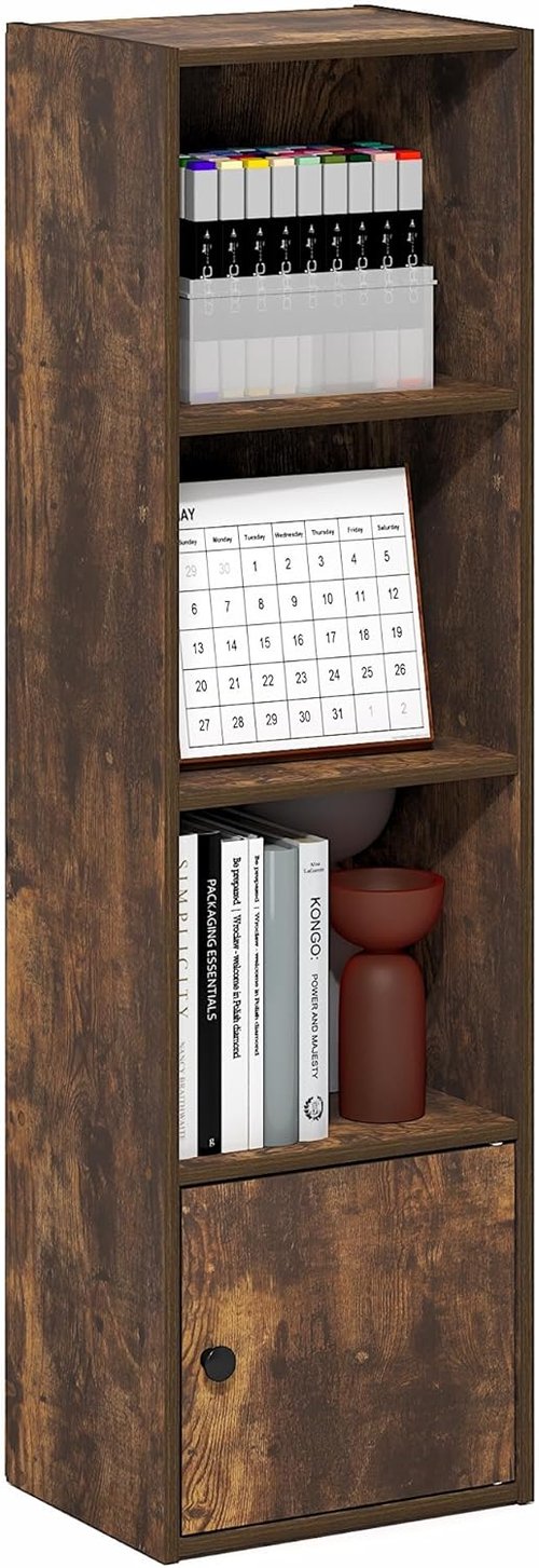 Furinno LUDER 4-Tier Bookshelf - Stylish Open Shelf & 1 Door Cabinet | Amber Pine, Perfect for Living Room & Home Office