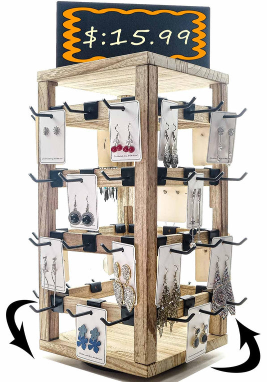 Jewack Wooden rotating Jewelry Display Stand with Removable 48 Hooks advertising board, For Earring Cards necklace bracelet Keychain Jewelry Organizer For Selling For vendor events (brown)