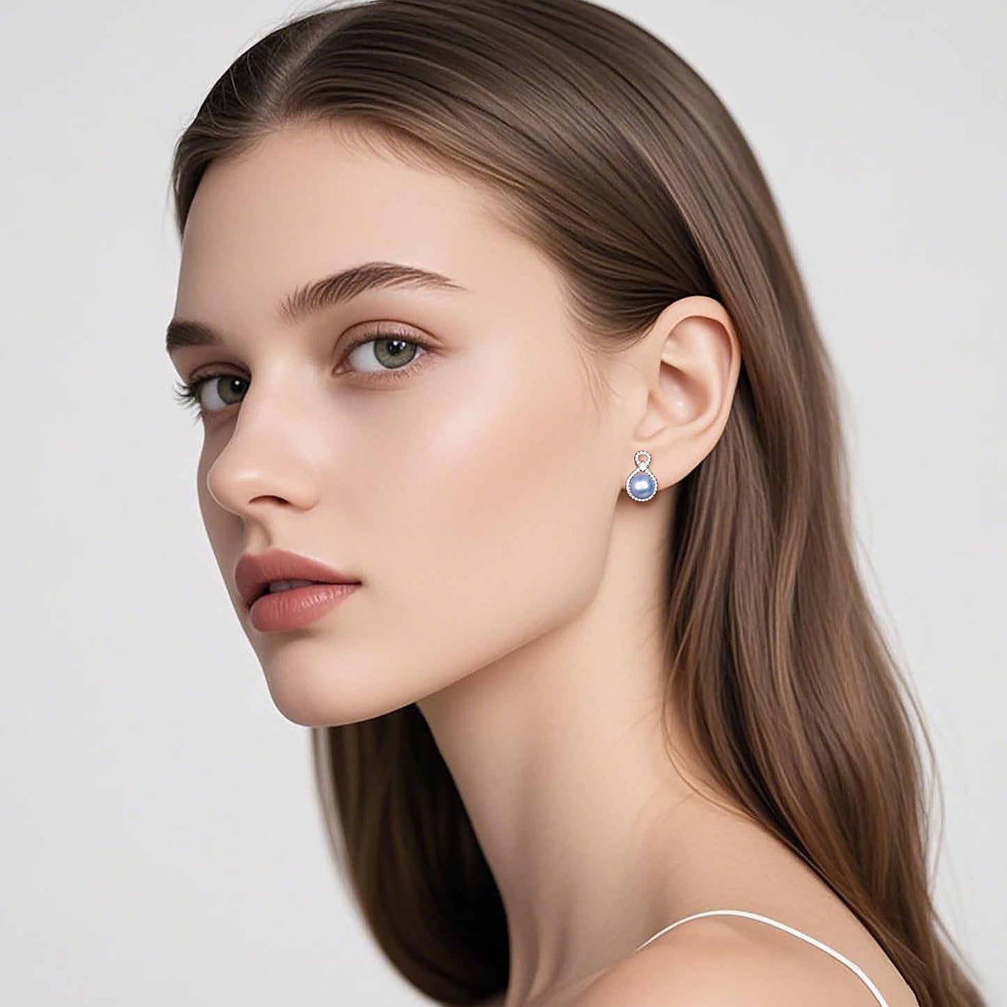 BAMIKI S925 Sterling Silver Infinity Pearl Earrings Stud for Women, Genuine Quality 8-8.5mm Round Saltwater Cultured Blue Pearls, Hypoallergenicity Jewelry Gifts for Mother Wife Bridal