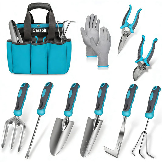 Gardening Tools, Carsolt 10 Piece Heavy Duty Stainless Steel Garden Tools Set with Ergonomic Rubber Handle. Variety of Gardening Hand Tools with Gift Box Ideal Garden Gifts for Women