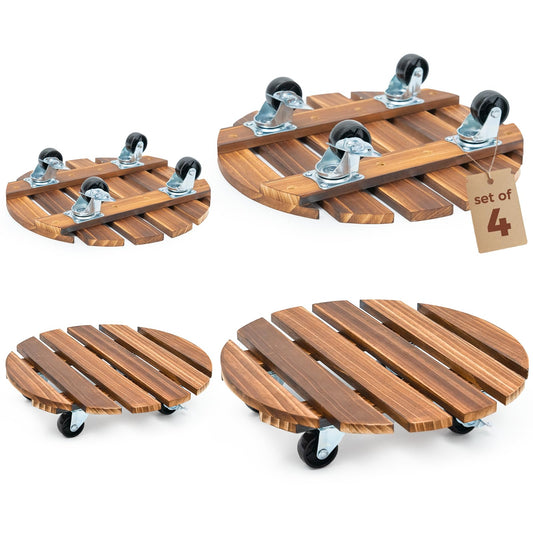 Bamworld Plant Stand with Wheels Plant Caddy Outdoor 4 Pack 12in Rolling Planter Caddy with Swiveling and Lockable Caster for Indoor Patio Plant Dolly Wood Wheeled Mobile Roller