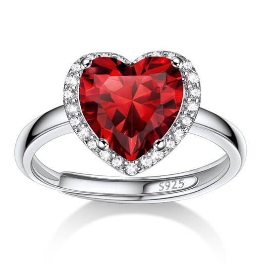 Bestyle 925 Sterling Silver Created Diamond Rings Heart Crytsal Rings for Women, 8mm January Granet Birthstone Gemstone Rings Illuminated by 1mm White Cubic Zirconia