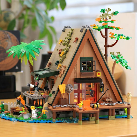 A-Frame Cabin Building Set with LED Light, 1486 Pcs Wooden Lakeside Cabin House Model Kit, 2-Story Architecture Collectible Set for Adults, Nature Animal Lovers Gift ZY-6028
