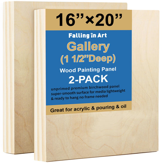 Falling in Art 2 Pack Unfinished Wooden Canvas Panels, 16x20 Gallery Birch Wood Panels Kit, 1 1/2" Deep Art Cradle Boards for Acrylic Painting, Pouring and Burning