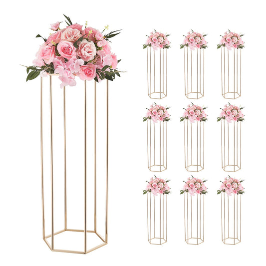 VEVOR Wedding Flower Stand, 10PCS 31.5-inch Column Flower Stand, Floral Stands with Acrylic Laminate, Hexagonal Cubic Floral Display Rack for Wedding, Party, Birthday, Home,French Gold Stands