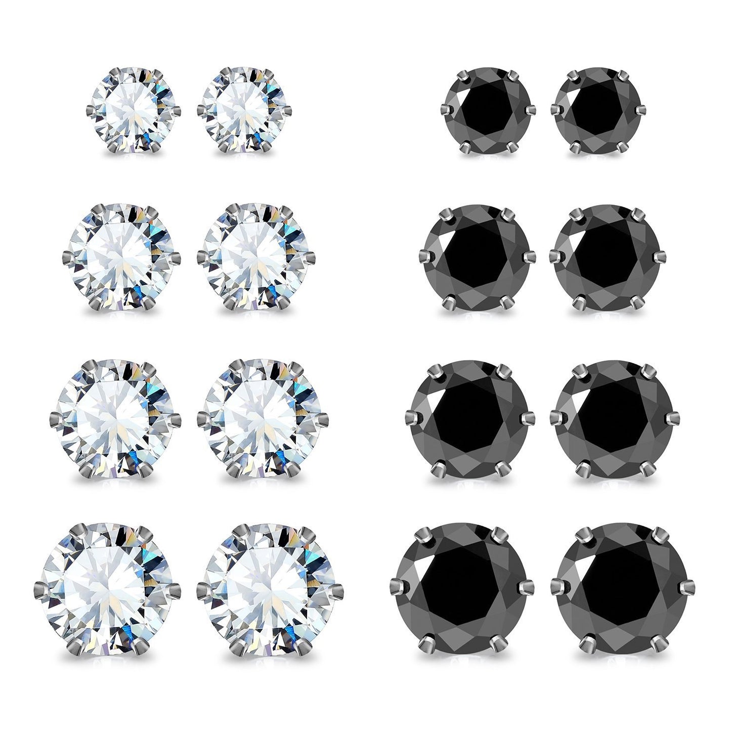 JewelrieShop Earrings for Women Studs Set Stainless Steel CZ Earing Hypoallergenic Multiple Piercing Ear Stud (8 pairs,4-8mm,White,Black CZ)