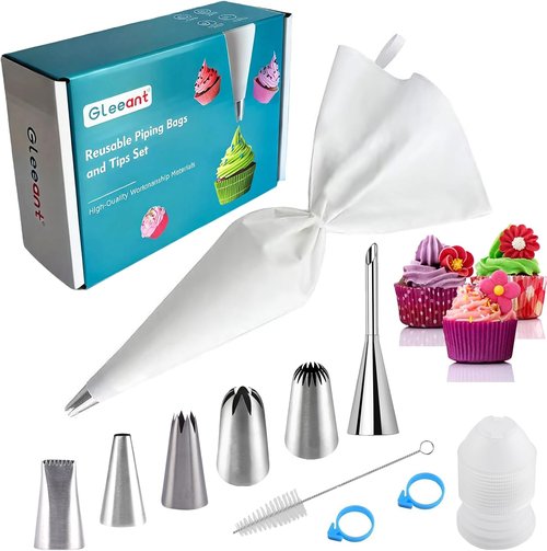 GleeAnt Reusable Cotton Piping Bags Set | 6-Piece Large Icing Tips & 16-Inch Pastry Bags for Cake Decorating
