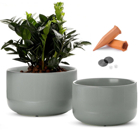 Jardin Tesoro Ceramic Planters - 10+12 Inch Large Pots for Indoor & Outdoor Plants, Modern Flower Pots with Drainage Holes and Self Watering Devices, House Grey-Blue Big Plant Pot, Set of 2
