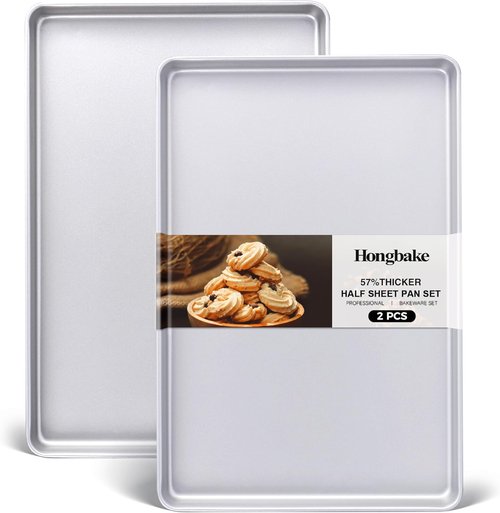 HONGBAKE Half Baking Sheet Pan Set - Nonstick Heavy-Duty Cookie Trays | Dishwasher Safe, Silver, 2-Pack