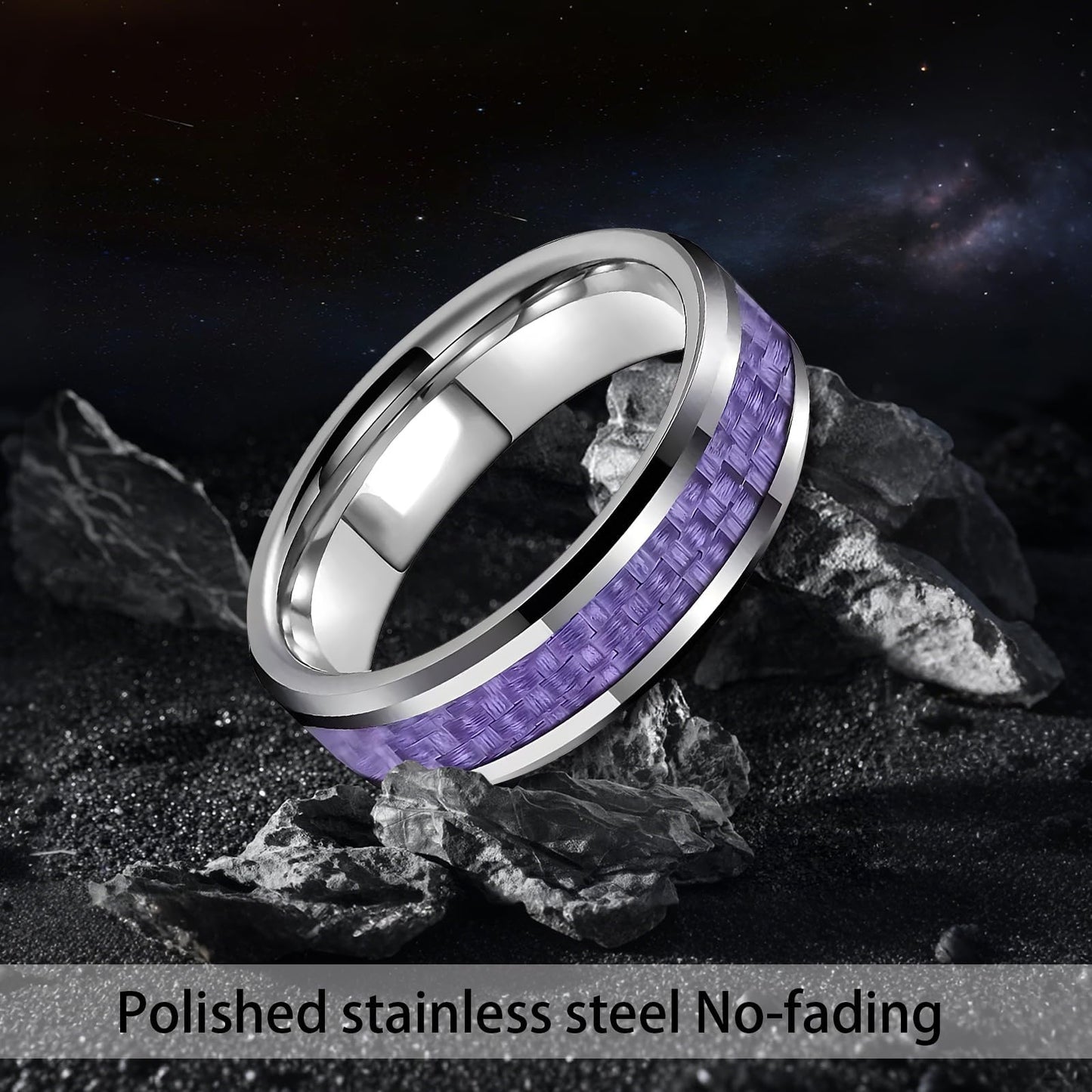 HJIMMNHONG New Carbon Fiber Fashion Rings Double Beveled Edge Delicate Polished Simple Stainless Steel Mens and Women Rings,8mm,Purple,Size 8
