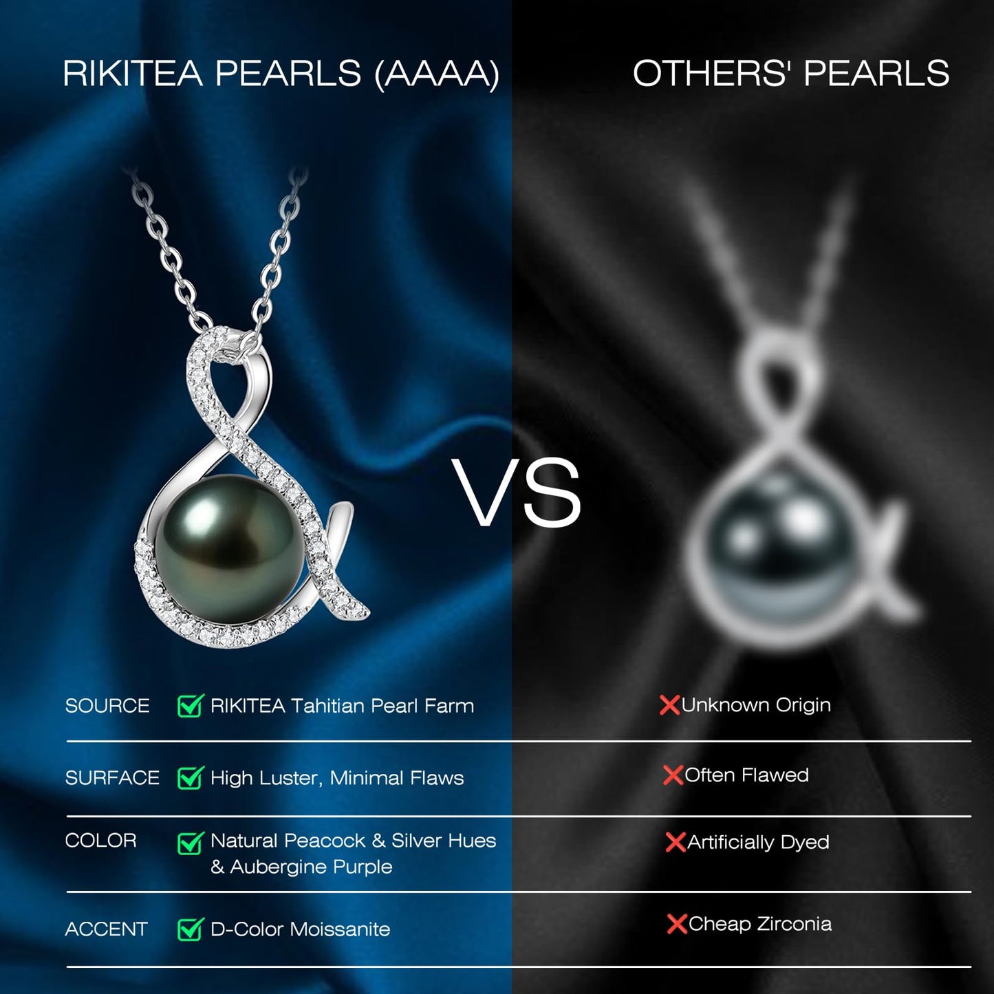 Genuine Tahitian Black Pearl Necklace - Christmas Gift for Wife Mom Women Daughter, Jewelry Gifts for Wedding Anniversary Birthday, 10-11mm Seawater Pearl with Sterling Silver Moissanite Pendant