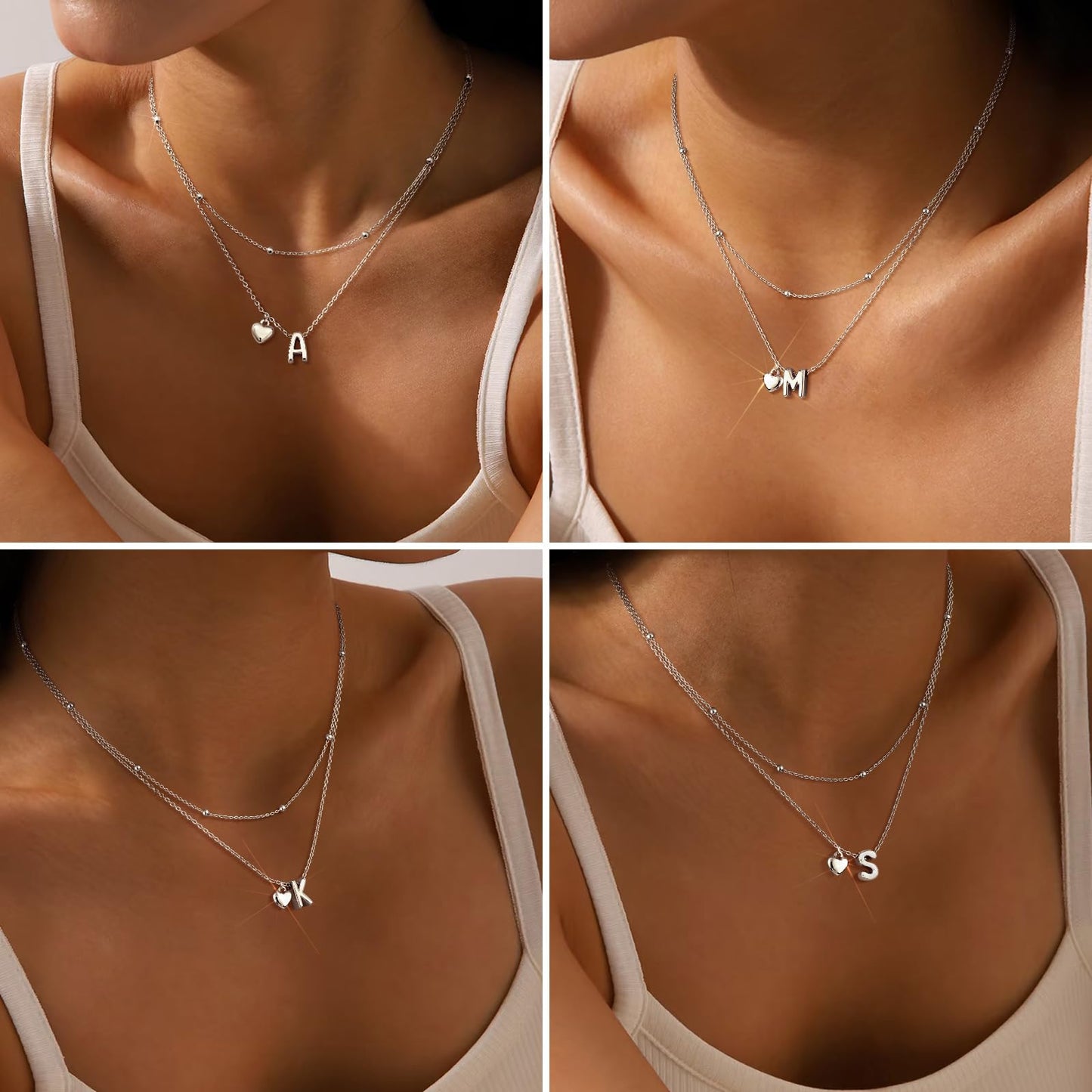 adoyi Silver Heart Initial Necklaces for Women 14k Gold Plated Layered bubble Letter Necklace Dainty Heart A Pendant Necklace Stack Birthday Valentines Gifts for Women Jewelry