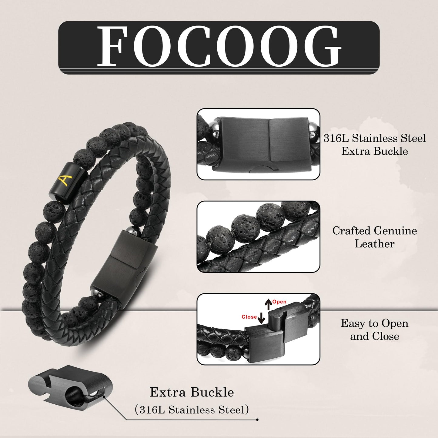 Bracelets for Men - Men Gifts Lava Rock Bead Magnetic Clasp Black Mens Leather Bracelet with Initial Black Mens Leather Bracelets Initial Z Bracelet for Men's Jewelry Men's Gifts for Dad Husband Him