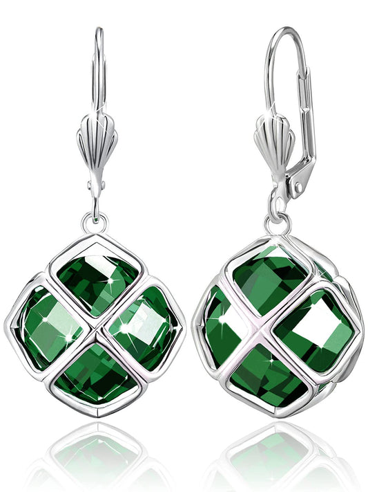 Big Dark Green Crystal Dangle Earrings for Women (May-Emerald-White Gold)