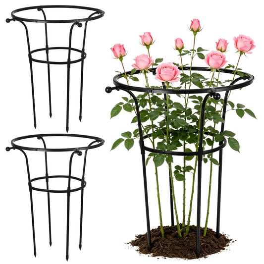 2 Pack Large Peony Cages and Supports, 26" H x 20" D Grow Through Plant Support Rings, Sturdy Garden Trellis, Plastic Rings with Stainless Steel Core Stakes for Peonies, Roses & Top-Heavy Blooms