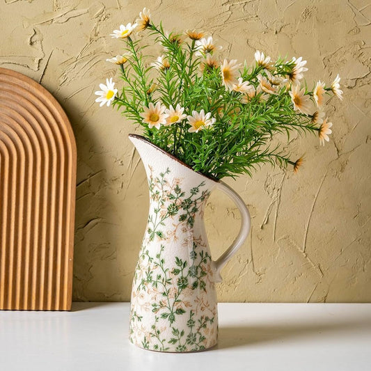 Vintage Ceramic Pitcher Vase with Handle 10.5”, Green Farmhouse Floral Vase, Chinoiserie Rustic Decor for Living Room, Bookshelf, Office