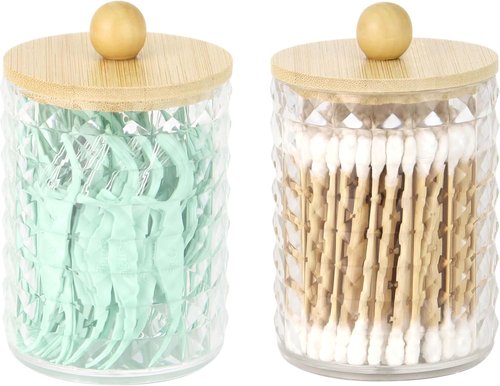 DAPOWER Qtip Holder - Stylish Bathroom Storage Canisters for Cotton Swabs & Balls | Clear & Bamboo Lid, 2 Pack