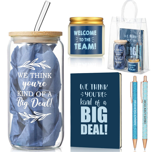Thenshop 6 Pcs Welcome to the Team Gifts Bulk for New Employee Inspirational Glass Tumbler Notebook Pens Scented Candle with PVC Bag Employee Appreciation Gift Sets for New Coworker Office(Blue)