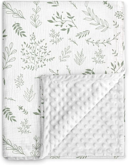 GLLQUEN Baby Blanket - Soft Muslin Cotton Front with Dotted Fleece Backing | Unisex Greenery 30 x 40 Inches