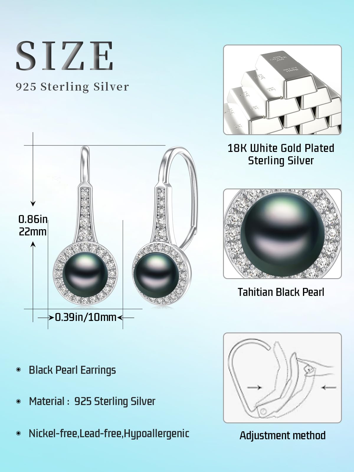Tahitian Black Pearl Earring 18K White Gold Plated 925 Sterling Silver Earrings AAA+ Handpicked Pearl Earrings Leverback Earring Jewelry Gifts for Wife Women Anniversary Birthday