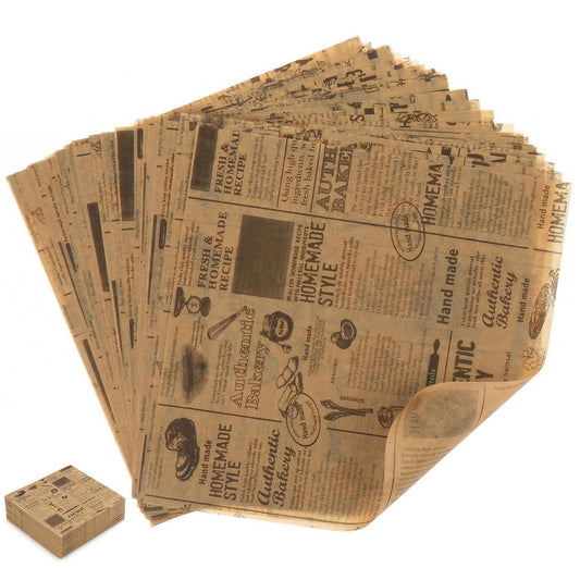 100Pcs Newspaper Sandwich Wrapping Paper Sheets, 10''x10'' Printed Parchment Deli Food Wrap, Non-Stick Greaseproof Basket Liners Wax Baking Linings