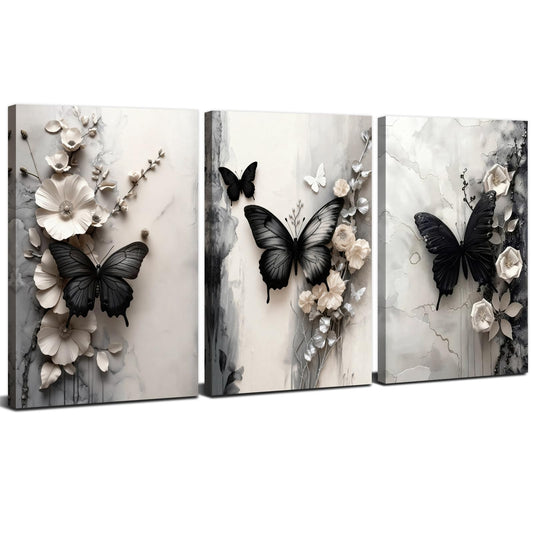 Black Butterfly Wall Art White Flowers Wall Decor Abstract Textured Floral Canvas Prints Butterfly Wildflowers Painting Poster Modern Luxury Aesthetic Canvas Artwork for Home Decorations 12x16" 3Pcs