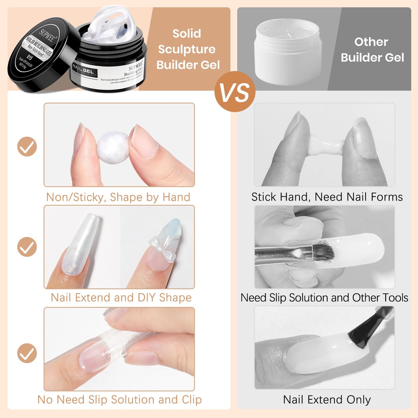 SUPWEE 3d Gel Nail Art Sculpture Non Stick Hand Molding Gel for Nails Multifunctional Solid Builder Gels for Extension Carving Sculpting Beauty Charms for Beignner and Salon DIY