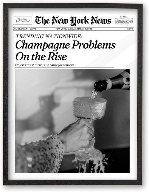 iHery Premium Natural Black Oak Wood Wall Art - Trendy Champagne Problems Newspaper Print | 8x10in Framed Canvas Decor for Dorm & Living Room