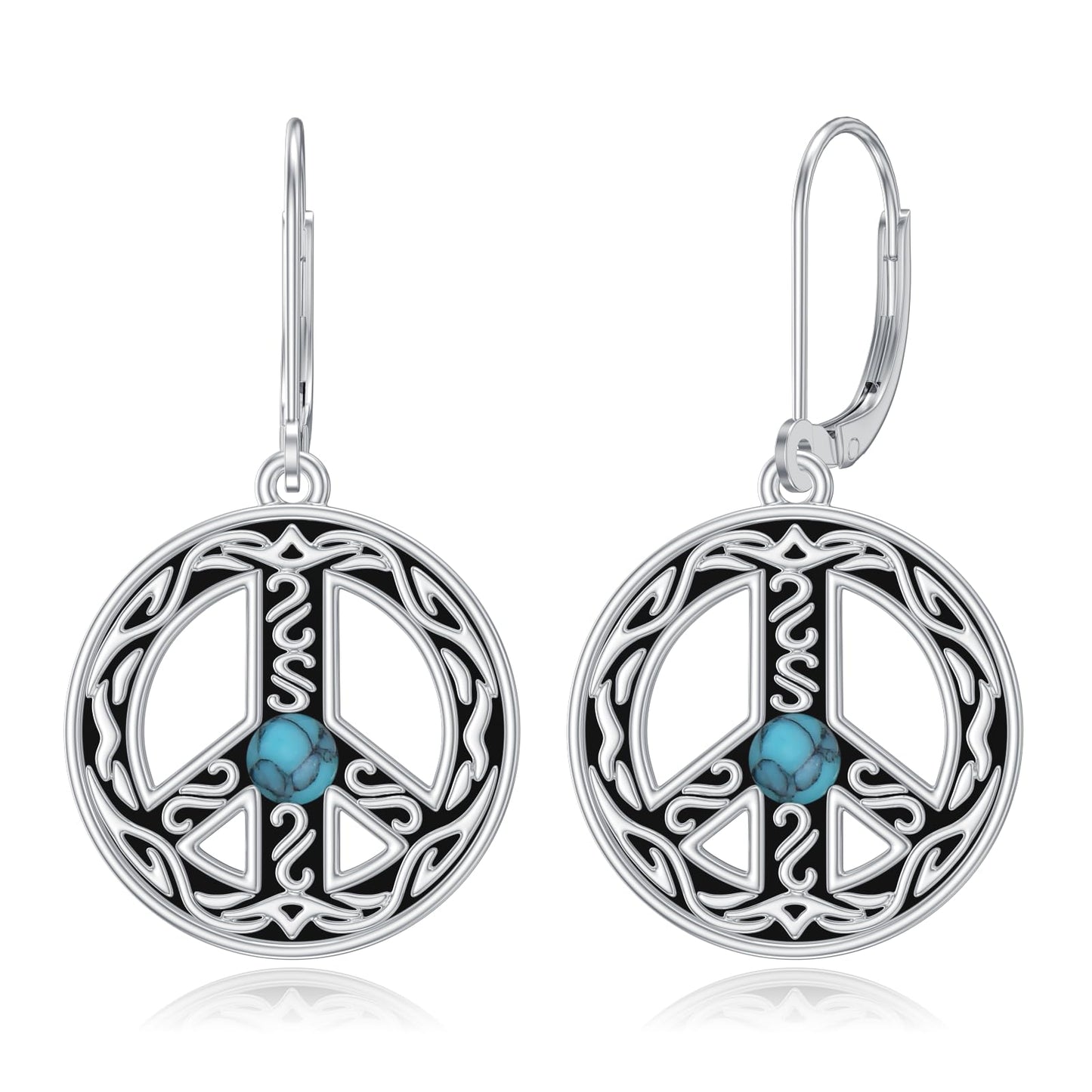 VONALA Peace Sign Earrings 925 Sterling Silver Hippe Peace Symbol Dangle Drop Dangling Earrings Turquoise Leverback Earrings Jewelry Gift for Women