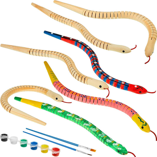 BBTO 20 Pieces Wooden Snake Bulk Jointed Flexible Unfinished Wooden Wiggly Snake with 12 Colors Acrylic Craft Paint and Paint Brush for Arts and Crafts Reptile Party Decoration