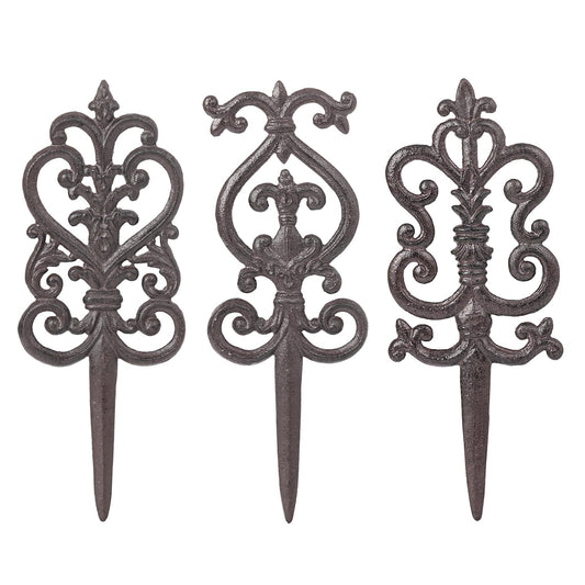 Sungmor Vintage Cast Iron Garden Stakes - 3PCS Ornate Metal Plant Stakes for Yard Art, Patio,Lawn Ornamentation,5.3inch Tall Antique Black Finish,Exquisite Garden Decor