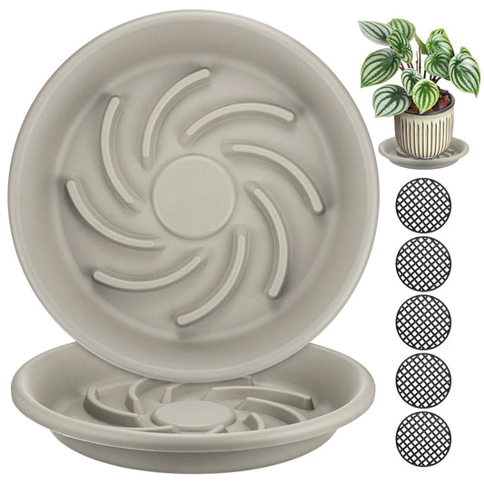 M METERXITY 2-Pack Plant Saucer, 9.4 Inch/ 24cm Plastic Plant Trays Thicker for Pots/Indoor/Outdoor/Water Drainage and Protection, Flowerpot Drip Tray [Grayish White]