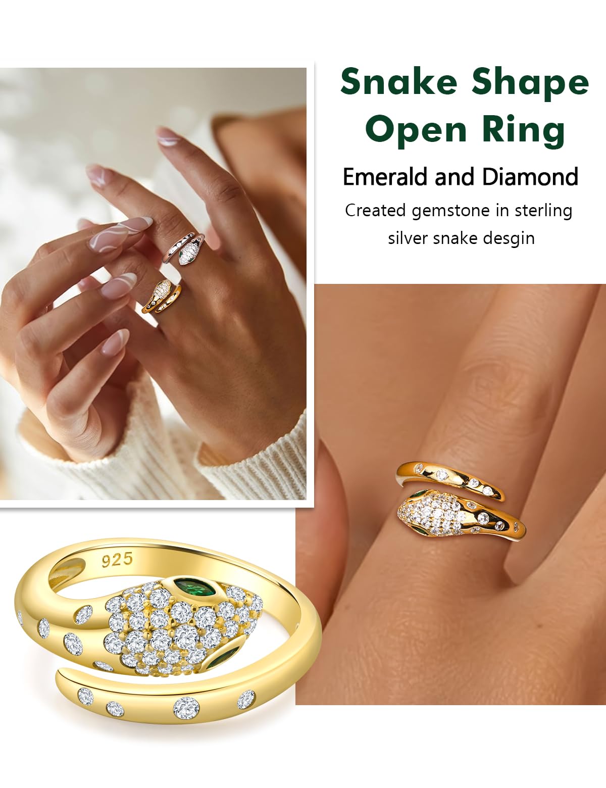 RANDES 14K Gold Plated Fashion Snake Statement Adjustable Ring Sterling Silver Cocktail Punk Jewelry Emerald Cz Snake Rings for Women Size 6