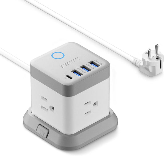 BESTEK 20W 3 3 5ft European Travel Plug Adapter, Power Strip with USB C PD and USB Ports, Side Wide Outlet Extender, EU