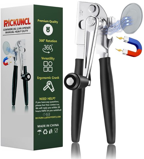 Commercial Can Opener Manual, RICKUNCL Heavy Duty Can opener with Magnet, Stainless Steel Handheld Can Opener with Folding Easy Crank Handle Oversized Knob for Big Cans and All Size Cans