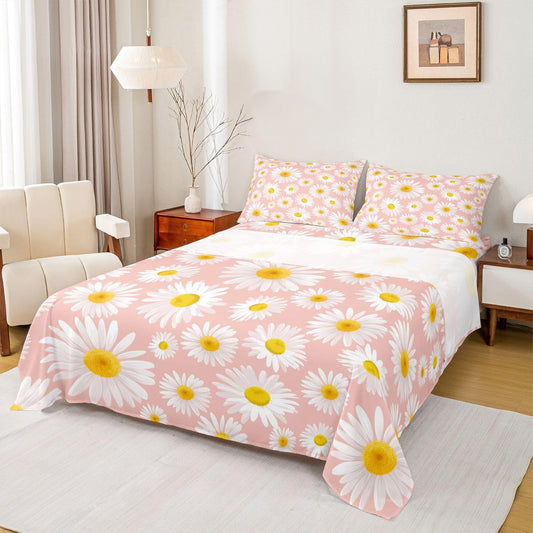 Erosebridal Pink Daisy Sheet Set Queen Size Boho Floral Bed Sheets,Romantic Garden Flowers Fitted Sheet Plant Botanical Bed Cover for Boys Child Bohemian Farmhouse Rustic Room Decor