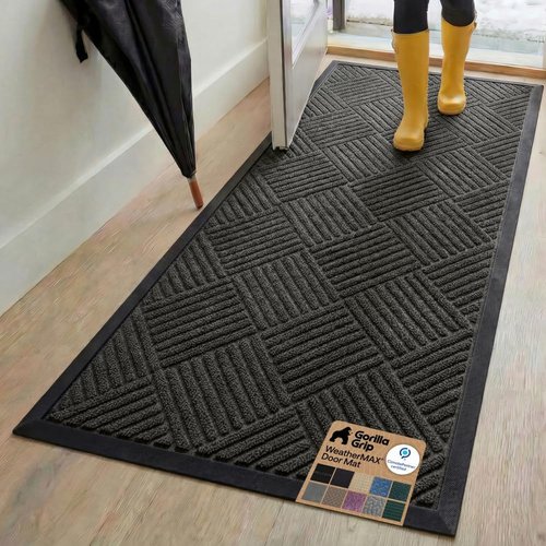 GORILLA GRIP Waterproof All-Season WeatherMAX Doormat - 72x24 Natural Rubber, Stain & Fade Resistant, Easy Clean, Gray Diamond
