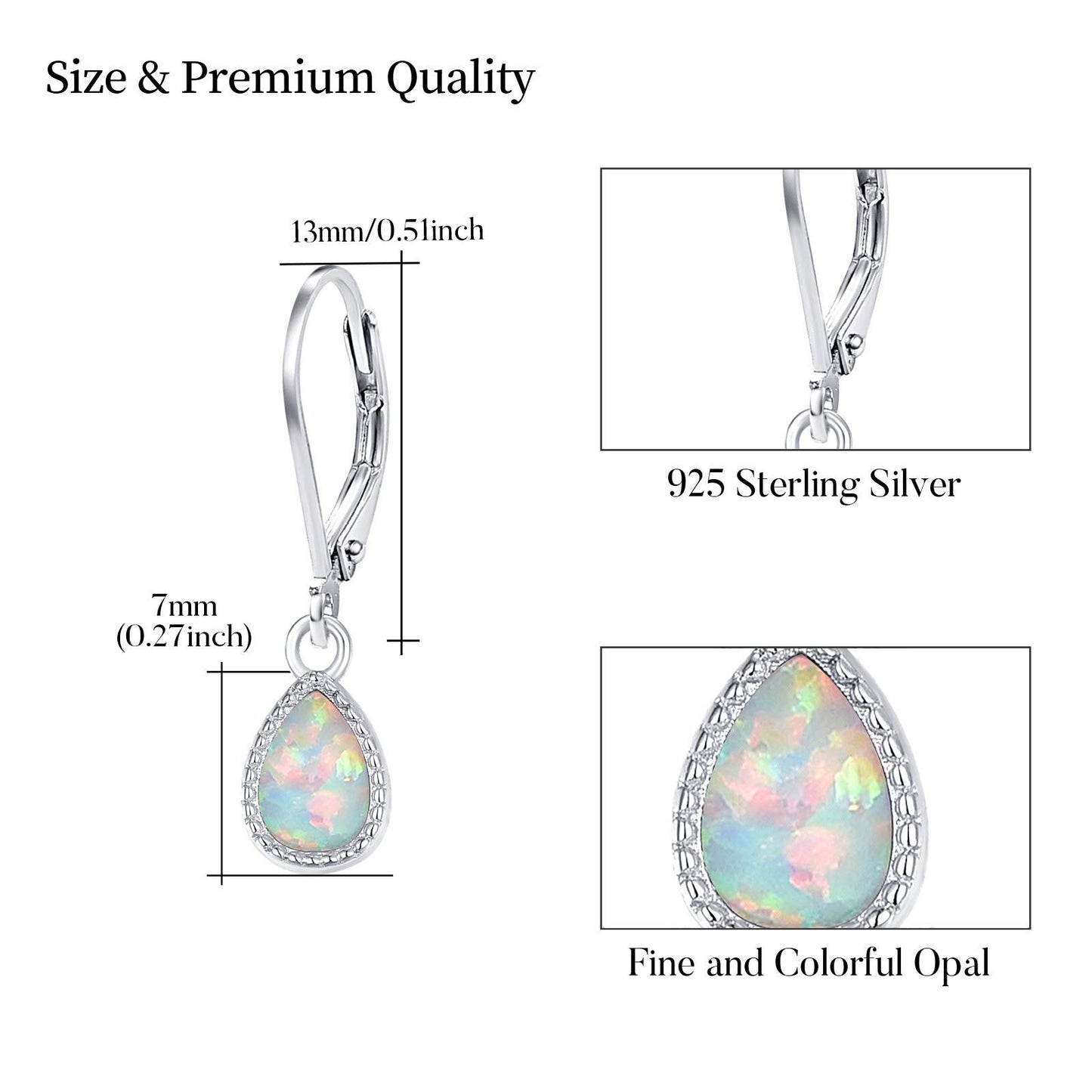 Teardrop Leverback Drop Dangly Safety Earrings, 925 Sterling Silver Opal Jewelry Valentine Gift for Women Girlfriend Daughter with Gift Box