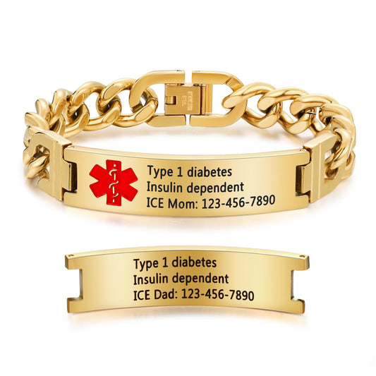 Bijouweled Medical Alert Bracelet for Women Men 7.5 to 9.8 Inches Emergency ID Bracelets Free Engraving Personalized Medic Alert Bracelet for Adult (Gold 7.5-9.8inch 3 sizes)