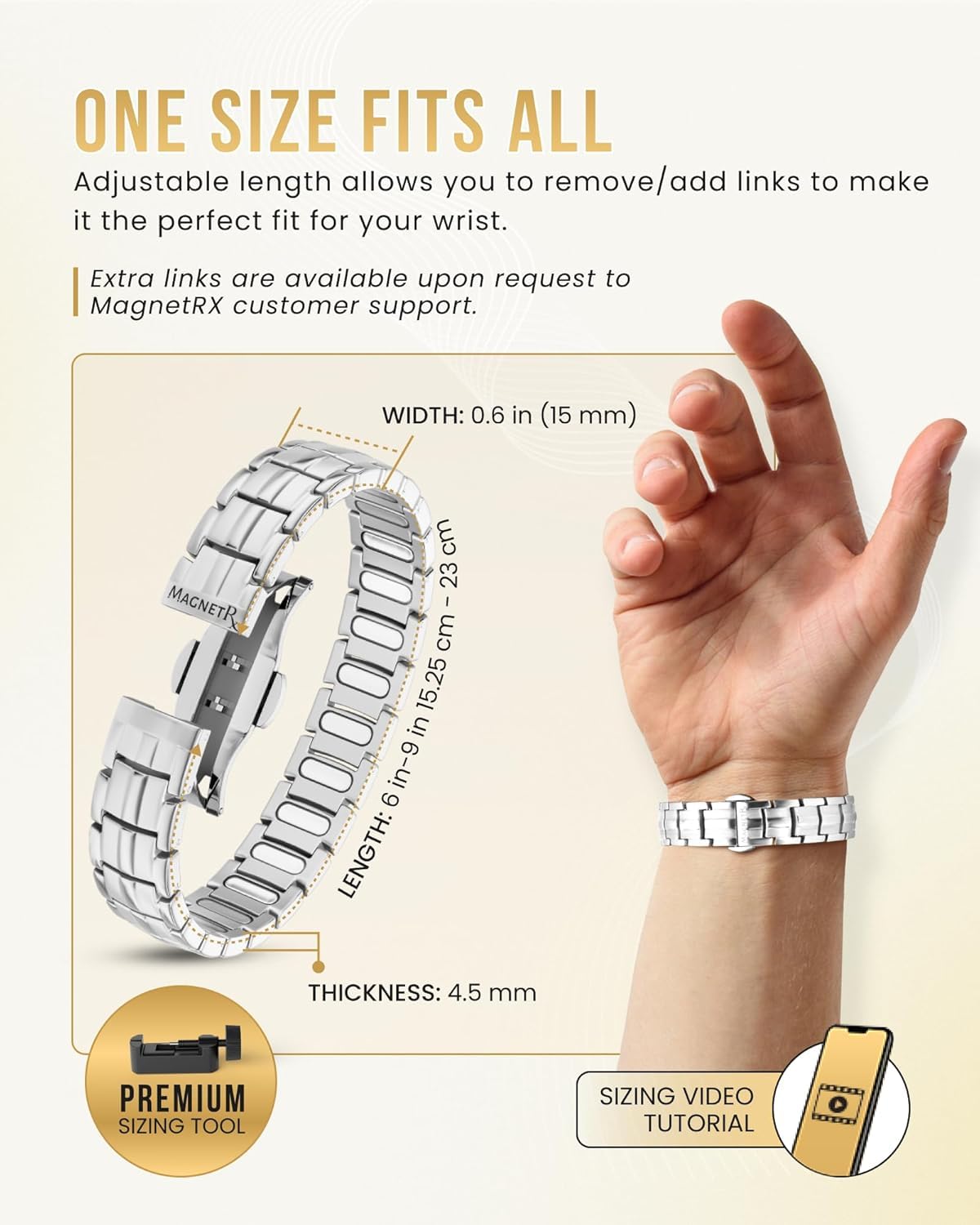 MagnetRX® Magnetic Bracelets for Men - EllipseMAX 5X Strength 5,000 Gauss Magnets - Designed in USA & Patent Pending - Premium Titanium Mens Magnetic Bracelet & Adjustable Length (Silver)