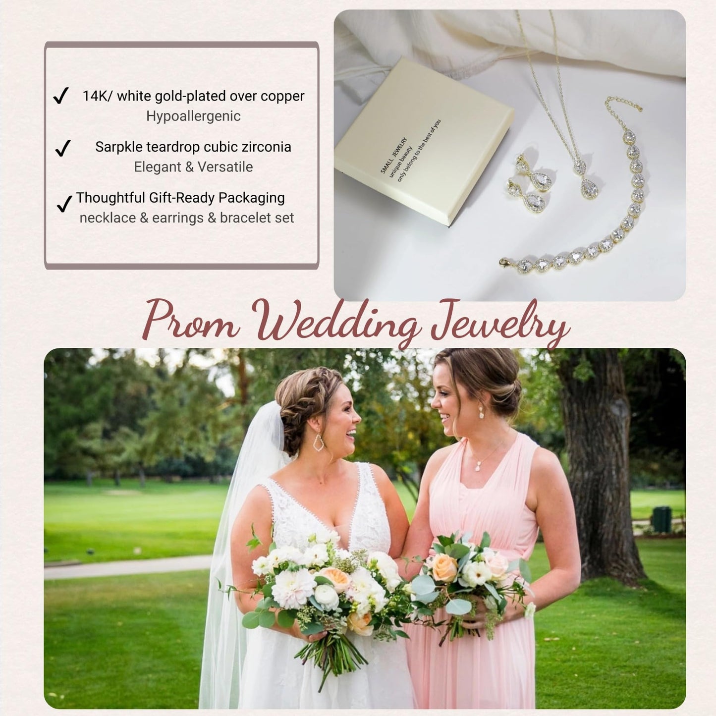 UDYLGOON Elegant Bridal Jewelry Set for Bride Bridesmaid Wedding Prom Teardrop Necklace Earrings Bracelet Set (White Gold Plated)
