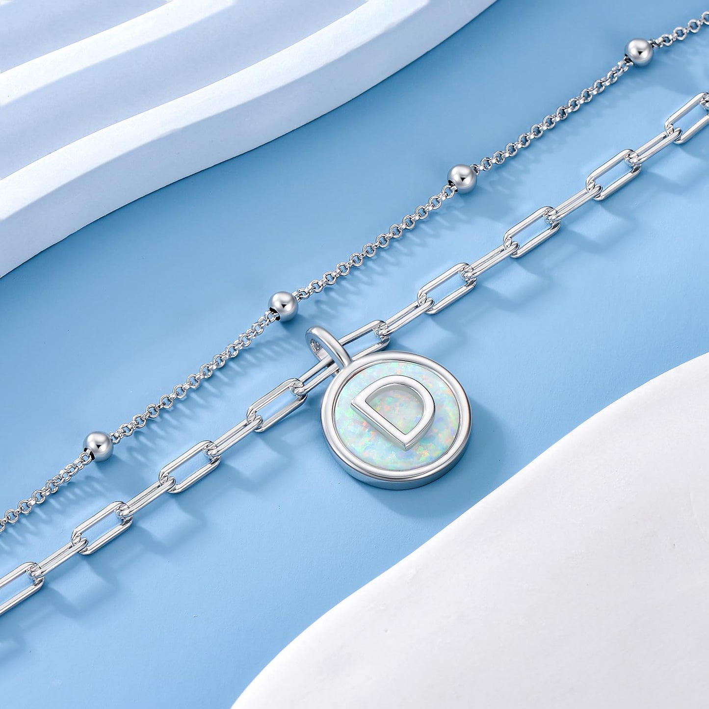 LWQQWL Initial D Bracelet for Women 925 Sterling Silver Layered Initial Bracelet Opal Letter 26 Alphabet Jewelry Christmas Gifts