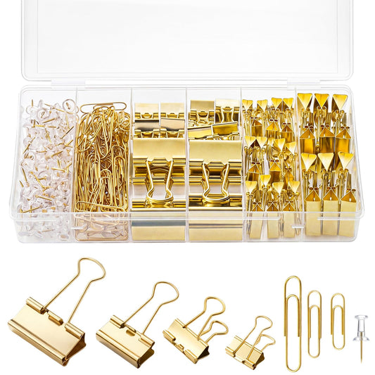 BESARME Gold Paper Clips and Binder Clips Set, 279 Pcs Gold Desk Accessories Assorted Office Essentials in Organizer Box for Office School Home Paper Sorting Note Pinning