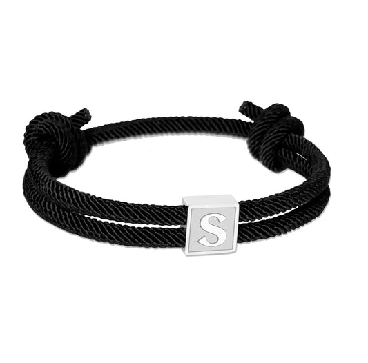 BHDJSHX Stainless Steel Initial Bracelet for Men - Adjustable Black Braided Cord with A-Z Letter (7-13 Inches) - Unisex Jewelry for Brothers, Son, Boyfriend, or Girlfriend(S)