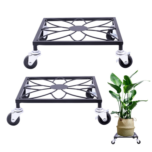 OFILLES 2pcs Black Metal Plant Stand with Wheels, Square Pattern Plant Caddy, Heavy Duty Plant Pot Stand for Indoor Outdoor